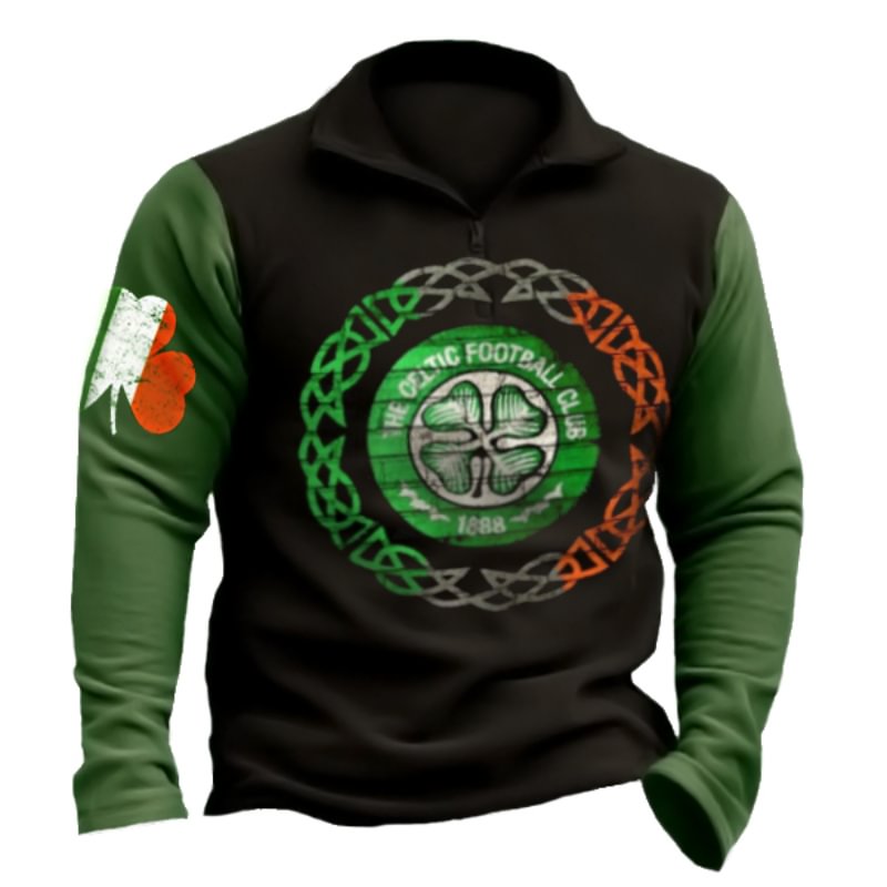 Men's Shamrock Print Outdoor Casual Lapel Sweatshirt