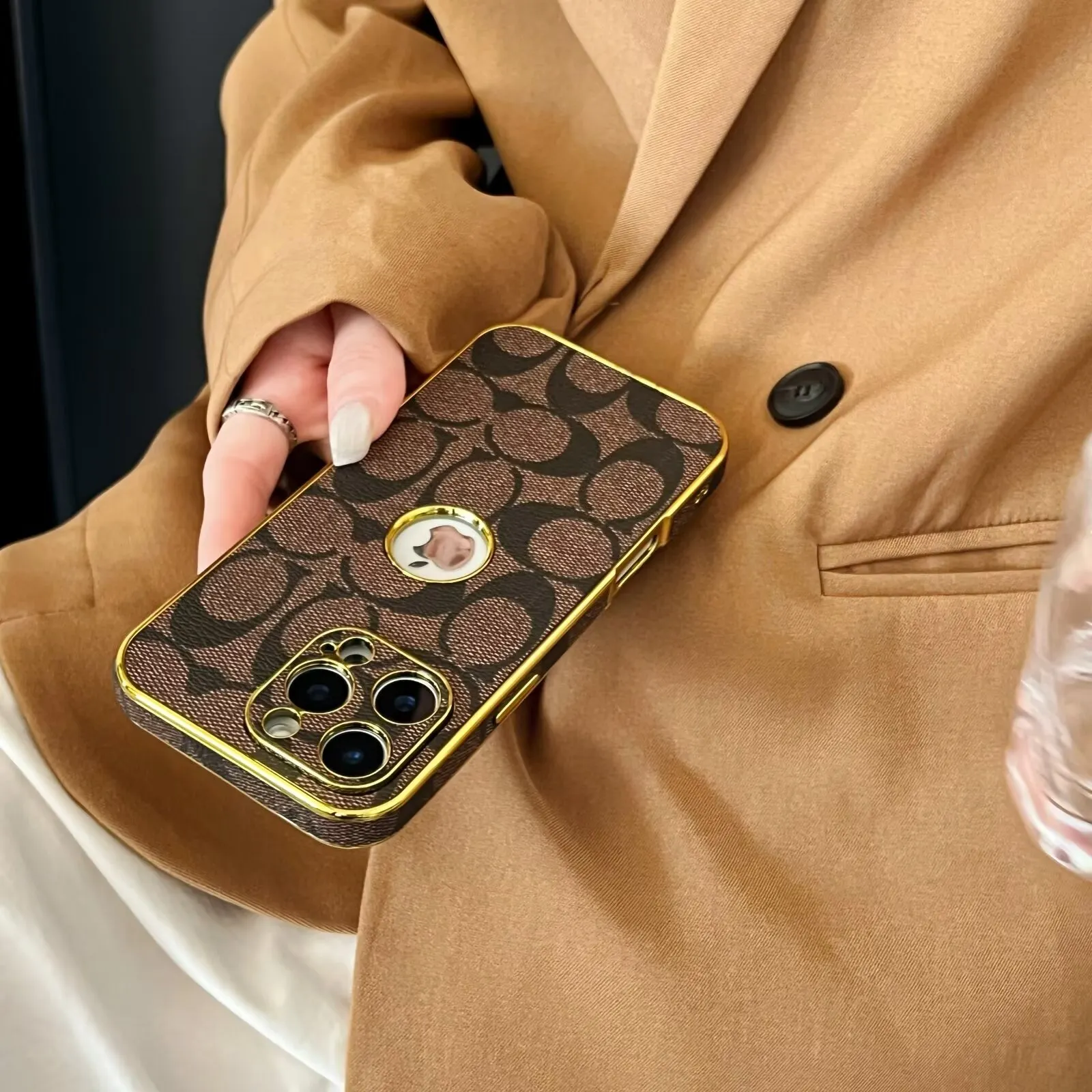 Classic Coach Signature Canvas Leather Electroplated Apple iPhone Case