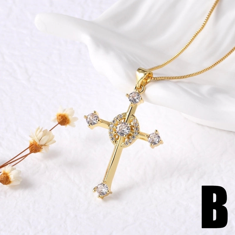 201 Stainless Steel Copper Cable Chain Box Chain 18K Gold Plated Inlay Cross Zircon Pendant Necklace