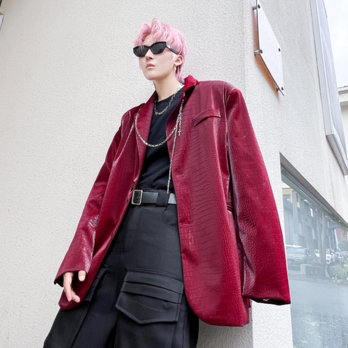 Dawfashion-Red Shiny Leather Chain Crocodile Blazer Jackets-Yamamoto Diablo Clothing