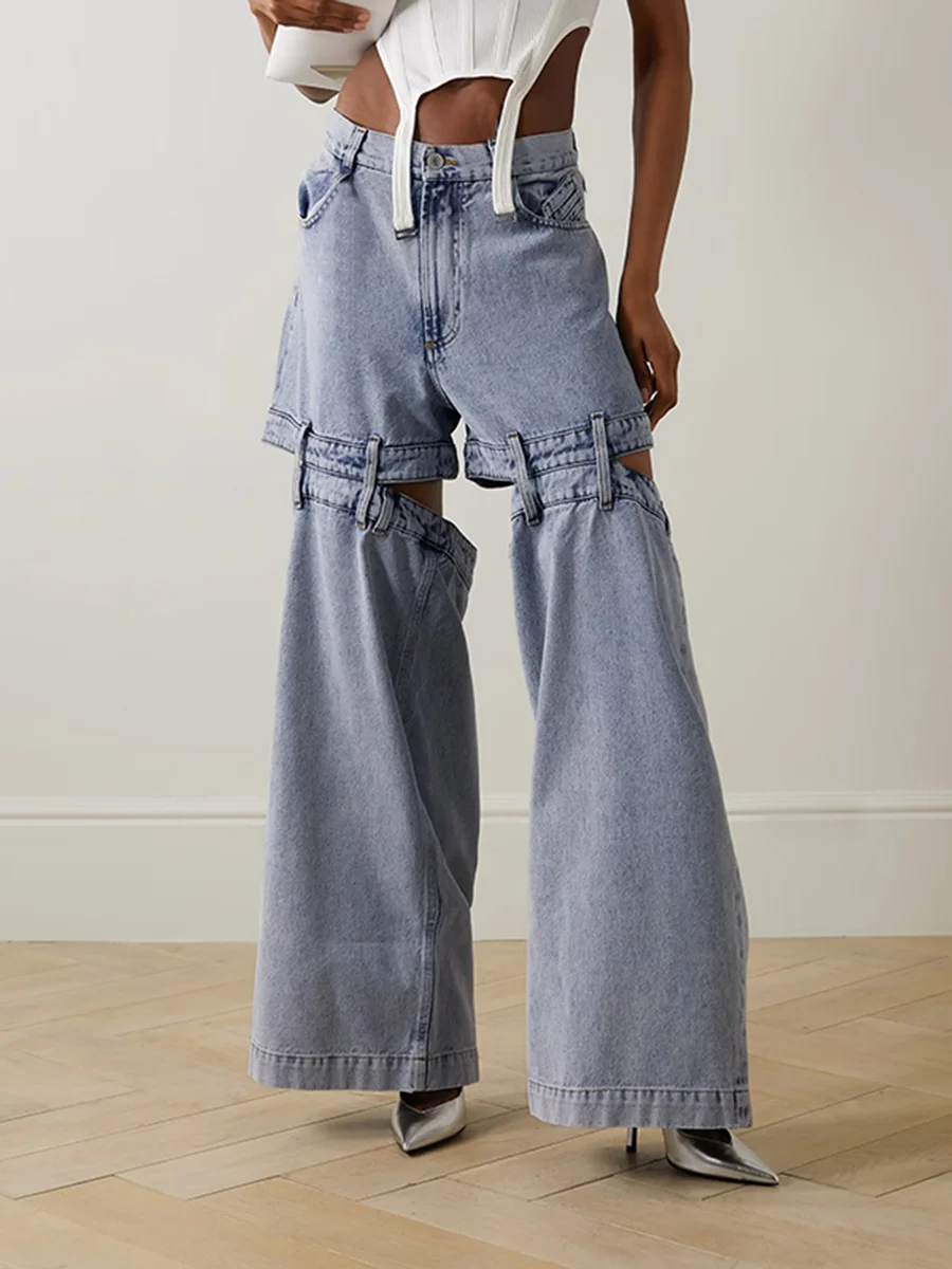 Woherb Woherb Fashion Street Style 2024 Summer Dig Cut Hollow Out Careful Machine Design Jeans Loose Wide Leg Pants Woman-Outfit Ideas
