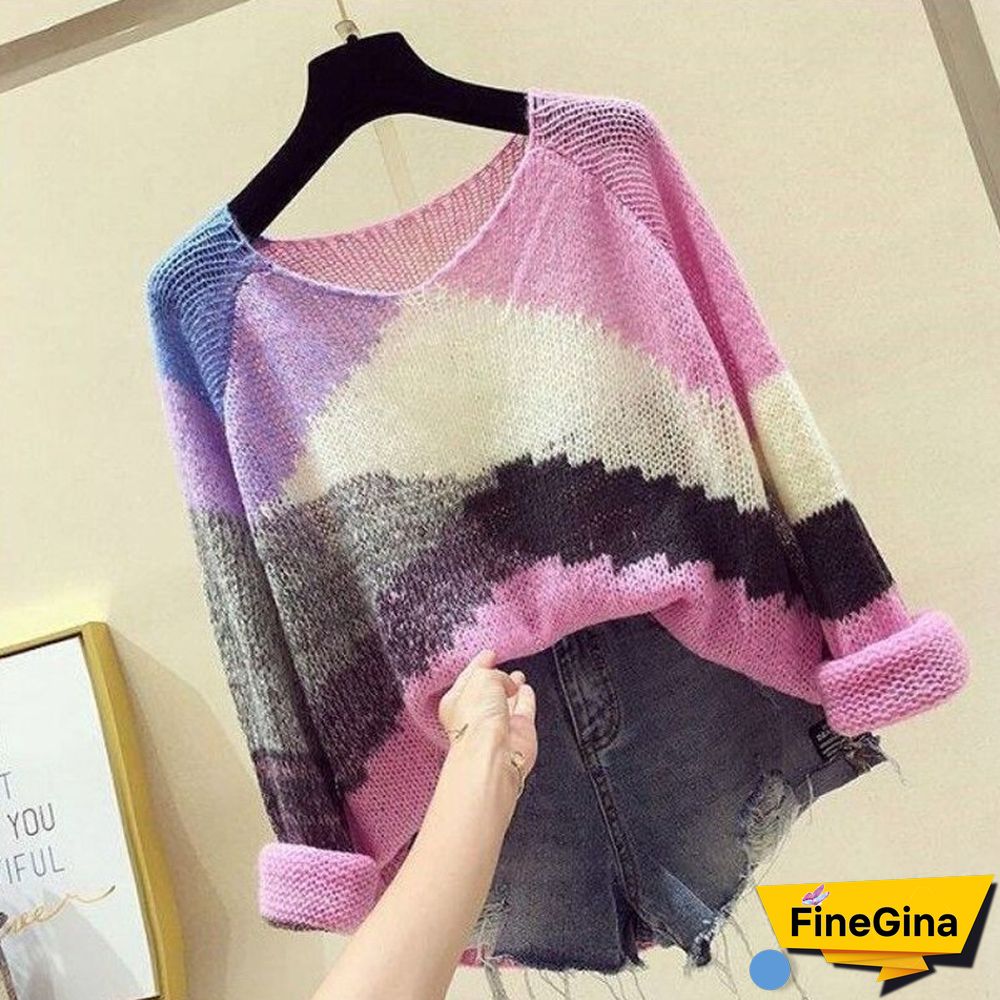 Women Loose Korean Pink Patchwork Sweater Pullovers Fashion Fall Harajuku Casual Y2k Tops Chic Lazy Wind Female Clothes