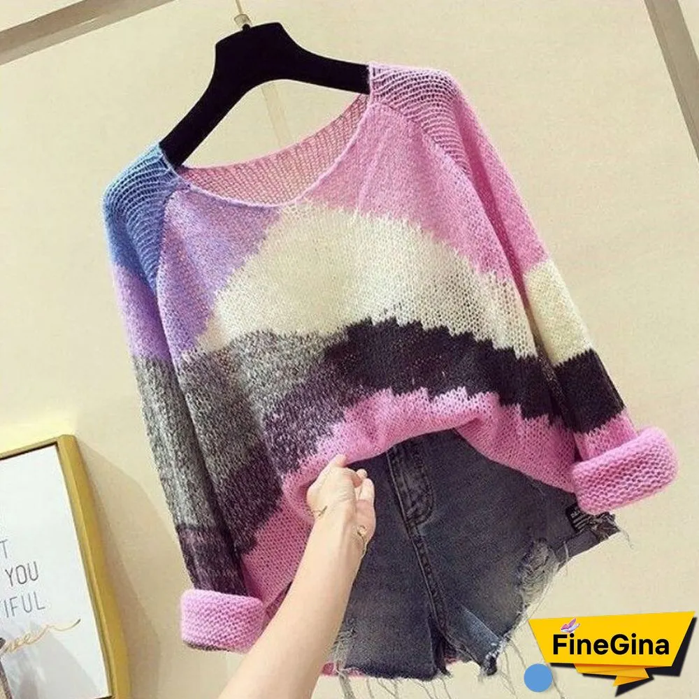 Women Loose Korean Pink Patchwork Sweater Pullovers Fashion Fall Harajuku Casual Y2k Tops Chic Lazy Wind Female Clothes