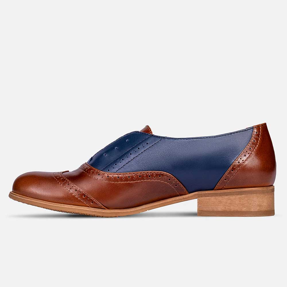 Blue & Brown Round Toe Chunky Heel Lace-UpComfortable Oxford Shoes Nicepairs