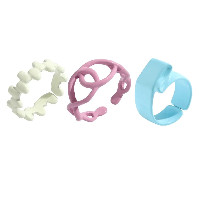 Dvacaman 2021 New Trendy Hand-Painted Candy Color Dripping Oil Geometric Chain Rings Set for Women Colorful Irregular Open Rings
