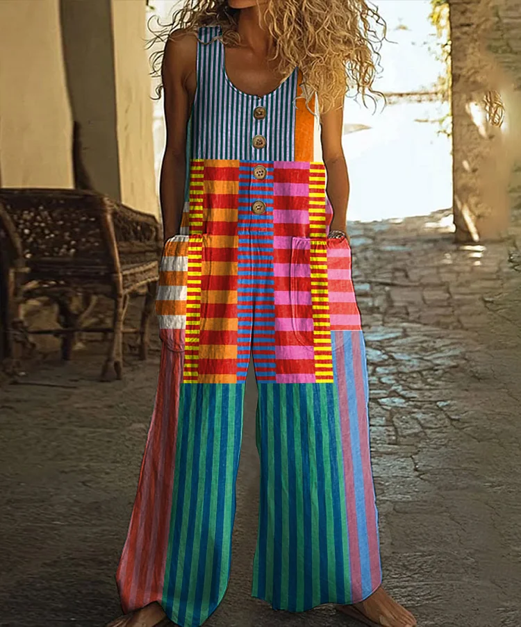 Retro Abstract Geometric Art Print Casual Wide Leg Jumpsuit