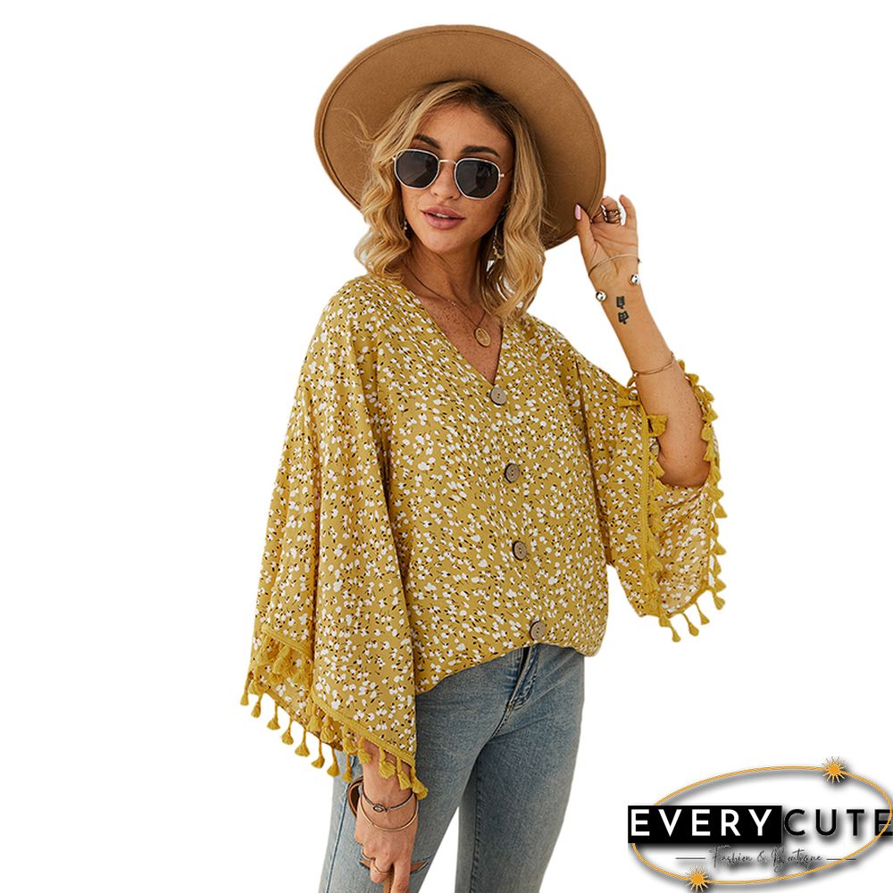Yellow Polka Dot Tasseled Sleeve Blouse Top