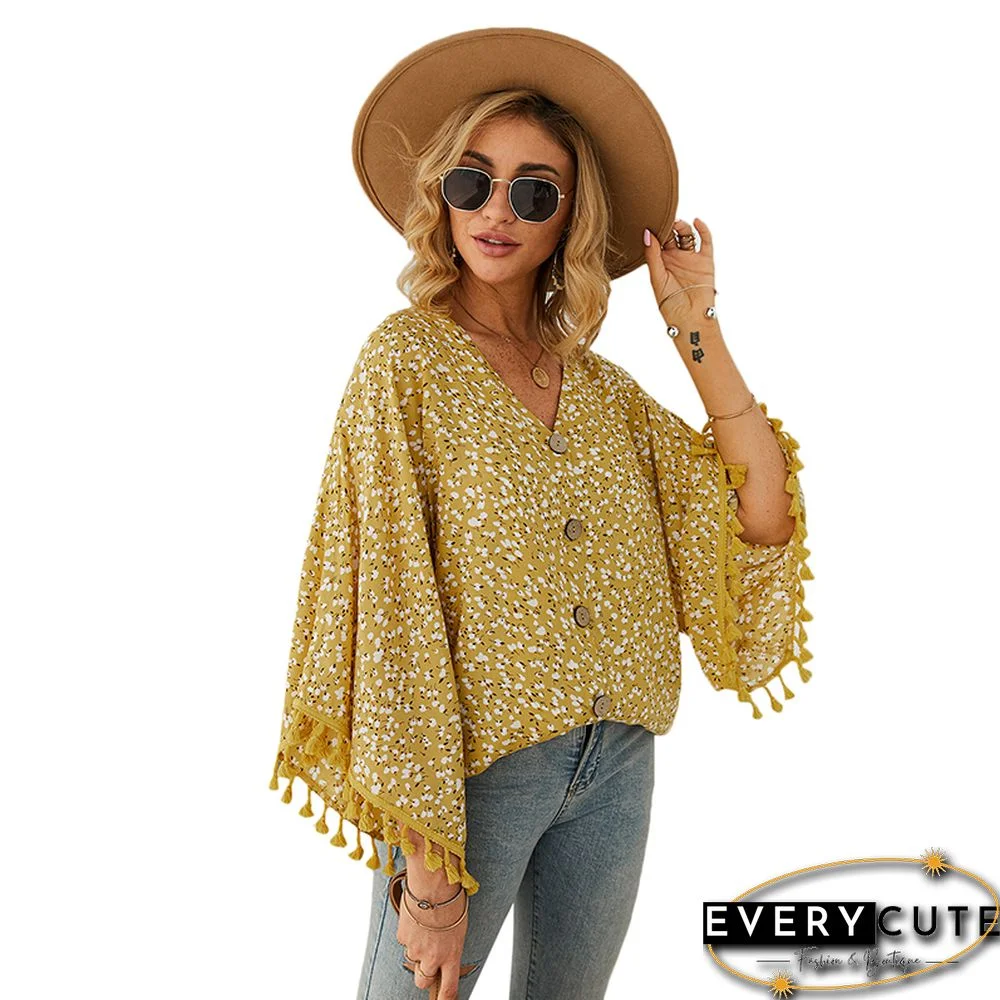 Yellow Polka Dot Tasseled Sleeve Blouse Top