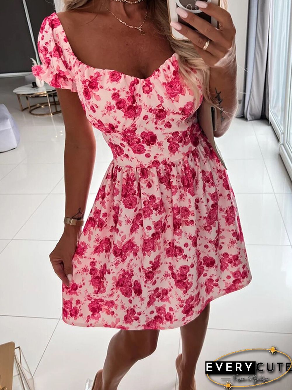 Women Sexy Retro Square Collar Beach Dress Elegant Slim Backless Floral Print Sundress Fashion Puff Sleeve Summer Cover-Ups