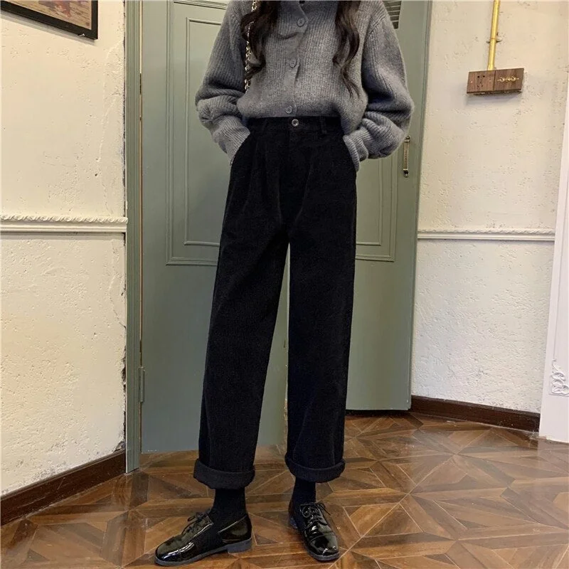 Zoki New 2021 Women Spring Corduroy Pants High Waist Autumn Vintage Korean Wide Leg Pants Elegant Belt Loose Cotton Streetwear