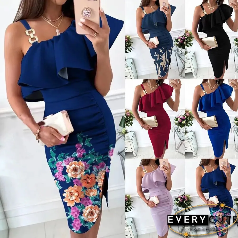 Spring Summer Sexy Womens Sleeveless Split Dress Women Solid Color One Shoulder bodycon