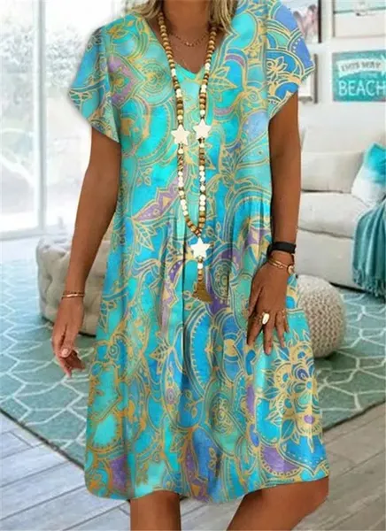 Summer New Fashion Womens Vintage Printed V-Neck Short Sleeve Casual Dress Loose Soft