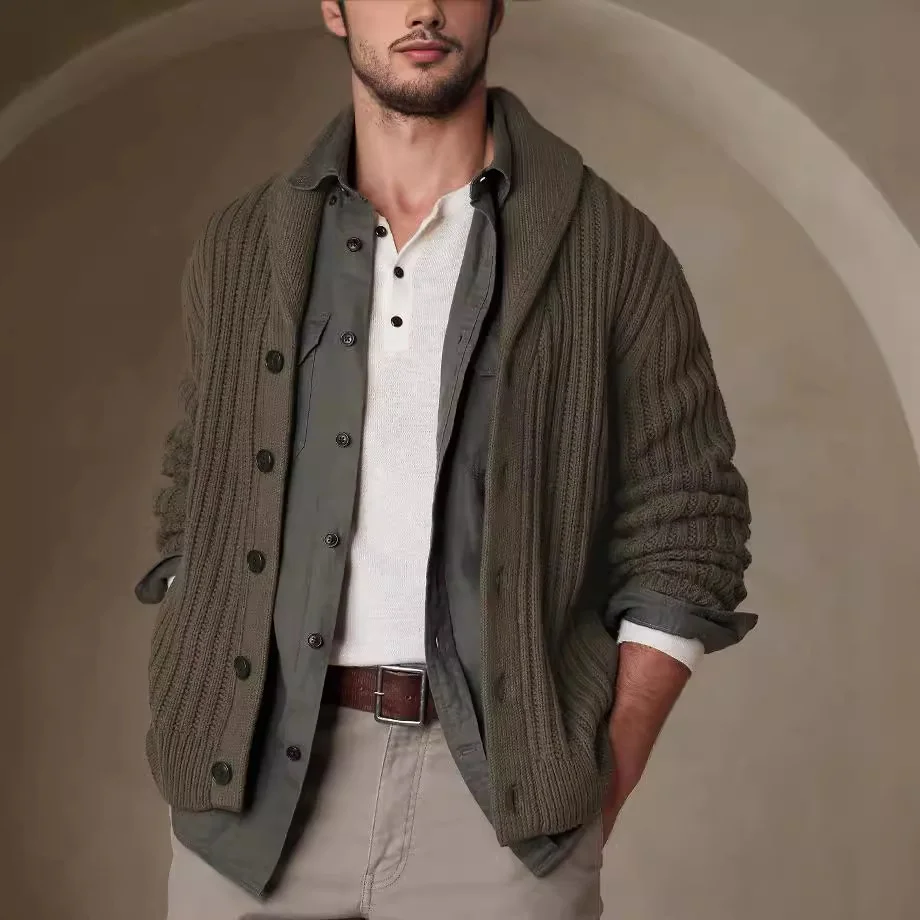 Army Green Lapel Long-sleeved Knitted Sweater Jacket