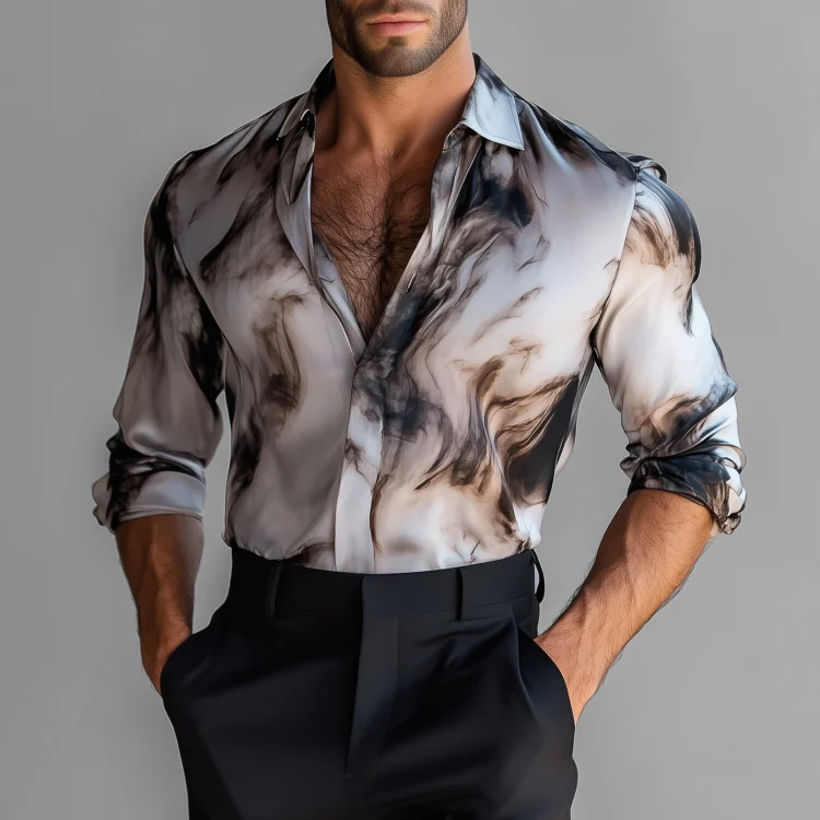 Okaywear Abstract Pattern See-Through Button Long Sleeve Shirt 