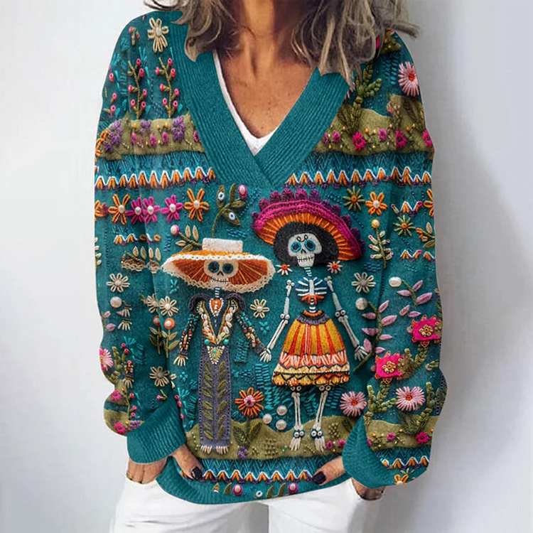 Women's Mexican Sugar Skeleton Couple Catrina Day Of The Dead Inspired Art Printed Light Sweater