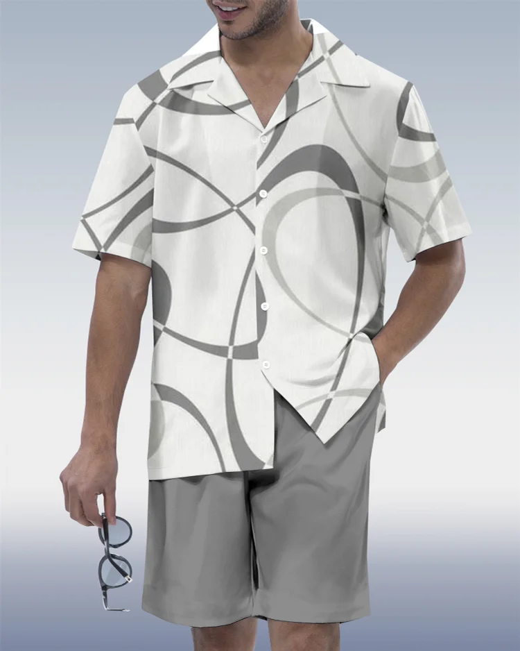 Suitmens Men's Abstract Art Contrast Geometric  Print Short Sleeve Set 132