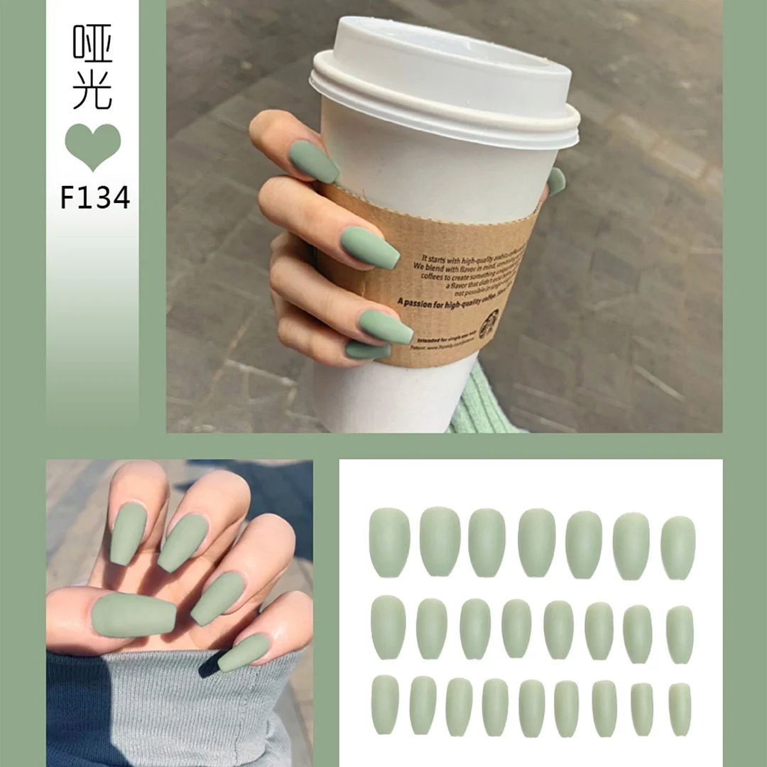 24pcs/box Full Cover fake Press on Nails Matte Yellow Pure Acrylic Frosted Ballerina acrylic for nails for Women and Girls-Nail Inspo