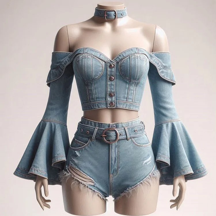 Casual Off The Shoulder Flare Sleeve Button Denim Cropped Blouse