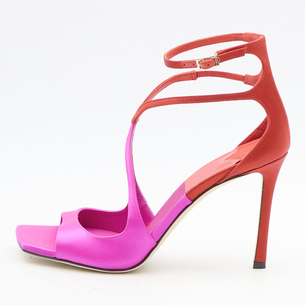 Pink & Red Square Toe Stiletto Heel Criss-Cross Strappy Sandals Nicepairs