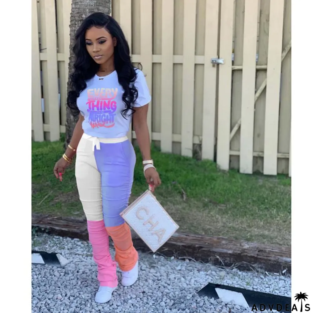 Casual Placement Print Letter Contrast Pleated Two-Piece Set