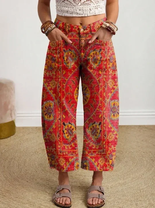 Women's Vintage-style Textured Floral Art Print Casual Cotton Trousers With Pockets.