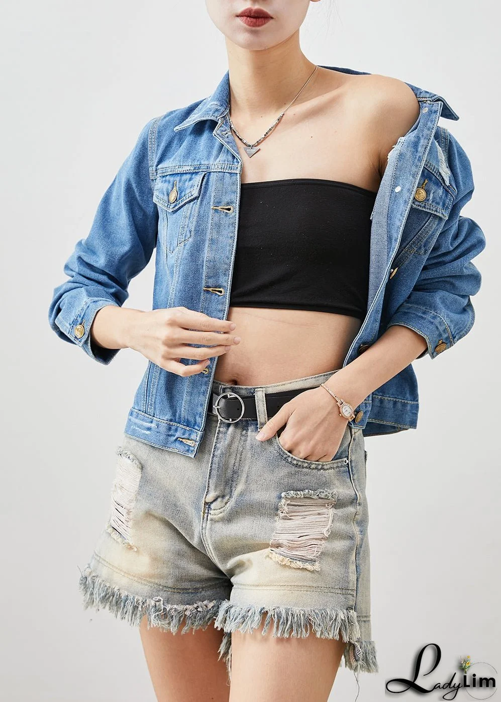 Boho Denim Blue Silm Fit Cotton Coats Spring