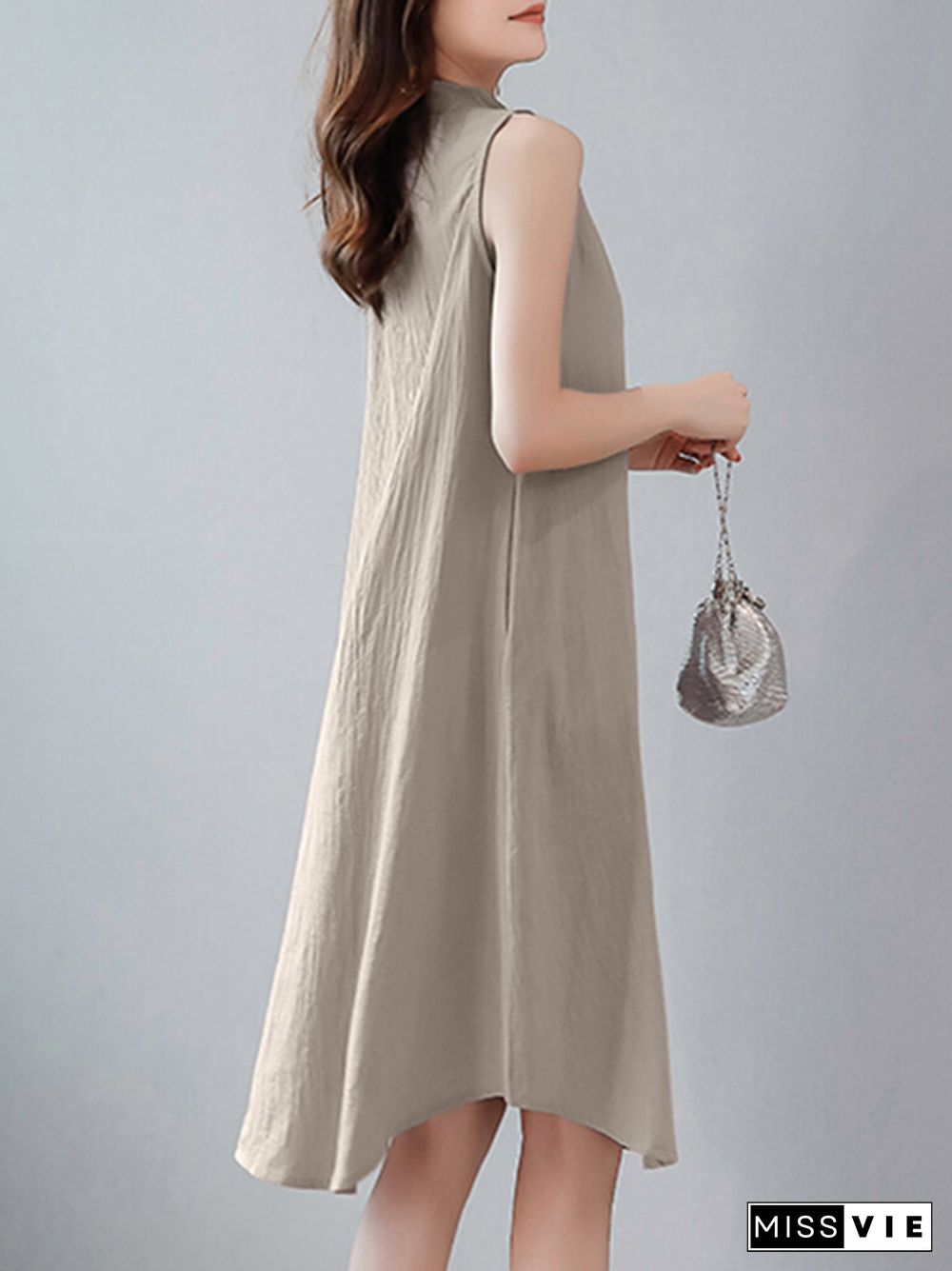 Solid Stand Collar Button Sleeveless Dress For Women