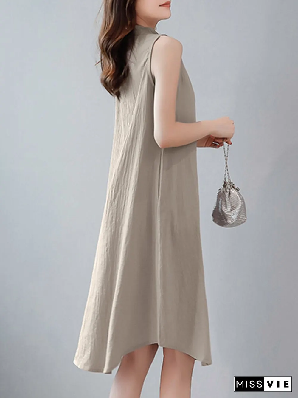 Solid Stand Collar Button Sleeveless Dress For Women