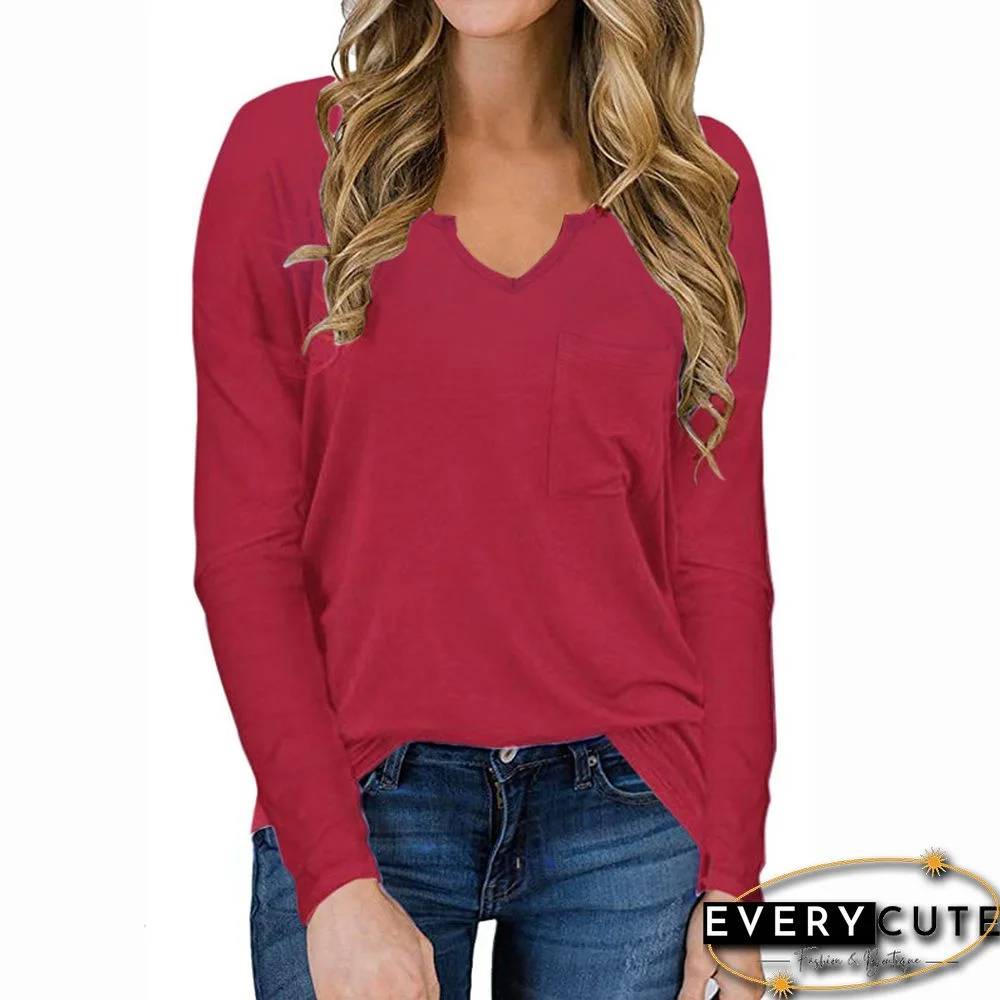 Red Modal Cotton Pocketed Long Sleeve Tops
