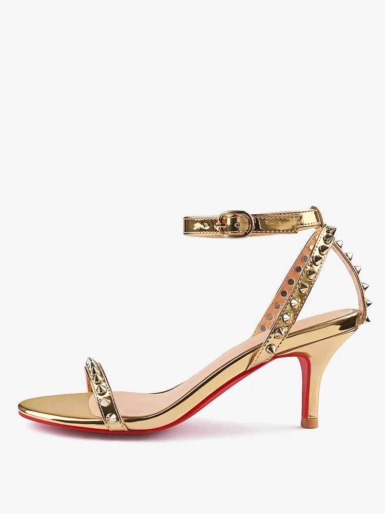 65mm Women's Open Toe Sandals Kitten Heels Red Bottom High Heels Ankle Strap Rivet Studs Party Shoes