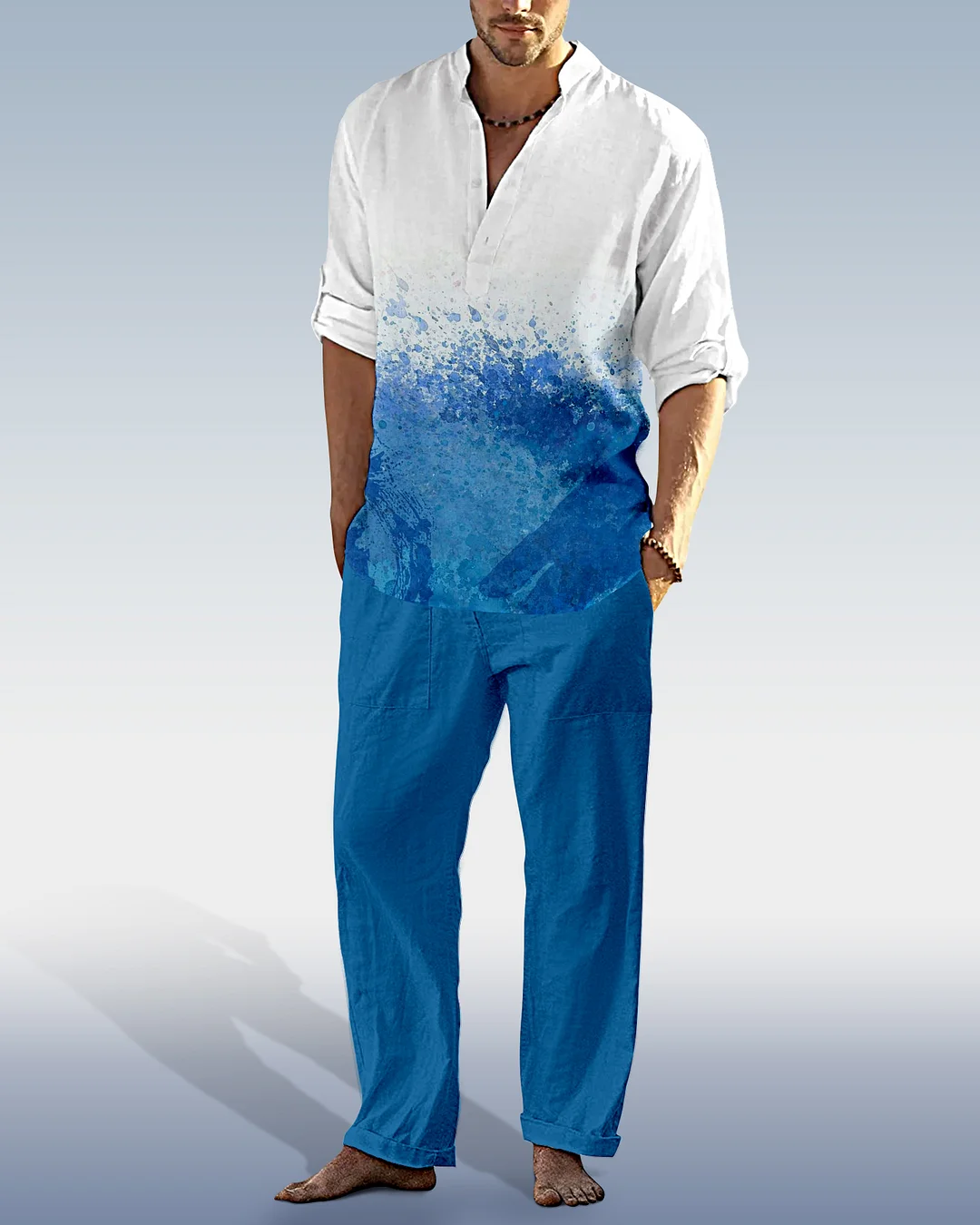 Men's Color Matching Casual Cotton Linen Trousers Long Sleeve Set 38