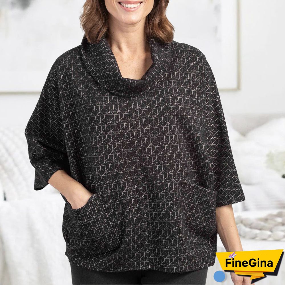 Modern Print 3/4 Sleeve Mock Neck Top