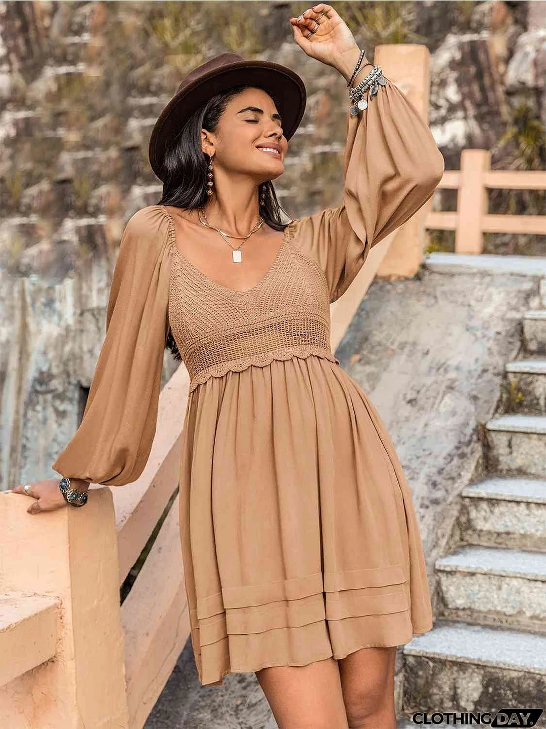 Crochet V-Neck Balloon Sleeve Dress