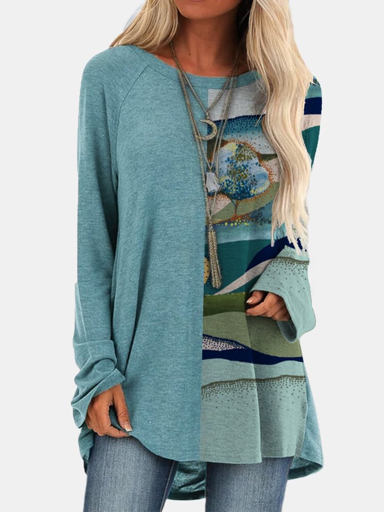 Landscape Printed Long Sleeve O neck Asymmetrical Patchwork T shirt For Women P1748124