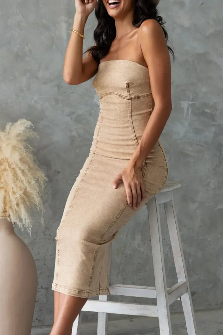 Washed Slit Back Tube Denim Dress