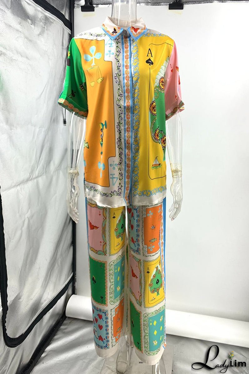 Casual Street Digital Letter Print Contrast Turndown Collar Short Sleeve Two Pieces