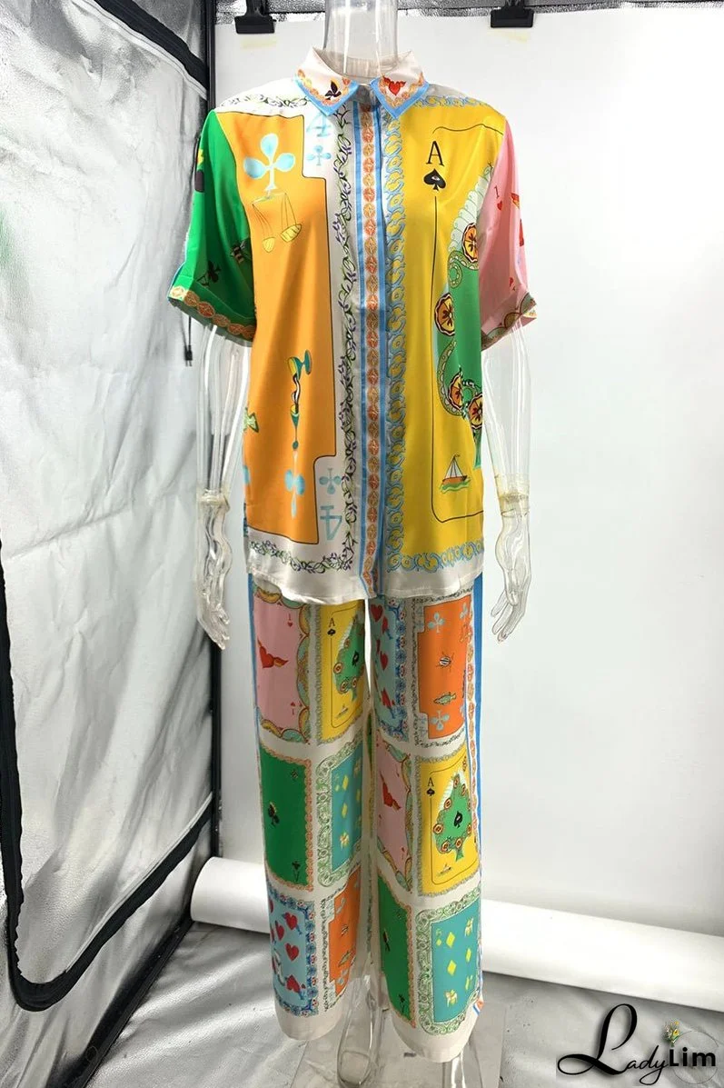 Casual Street Digital Letter Print Contrast Turndown Collar Short Sleeve Two Pieces