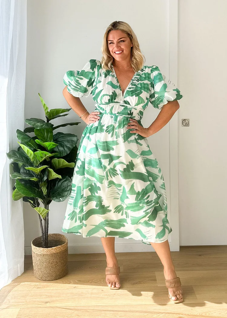 复制V-neck Printed Long Dress With Short Sleeves
