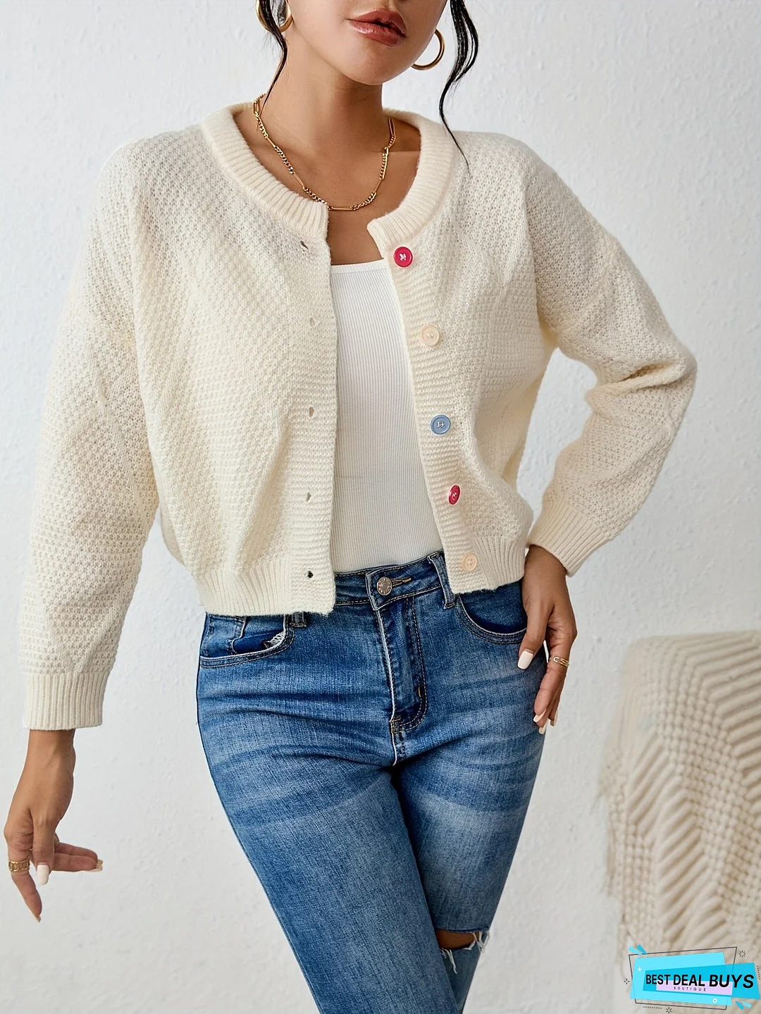 Solid Button Down Knit Cardigan, Elegant Crew Neck Long Sleeve Sweater, Women's Clothing