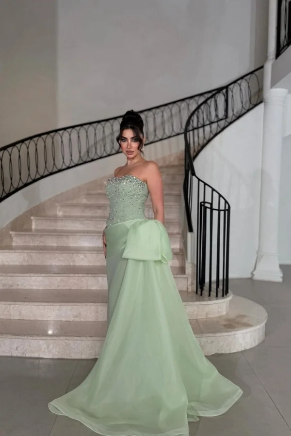 Elegant Sage Straight Across Sleeveless Beaded Prom Dress With Train YK0043