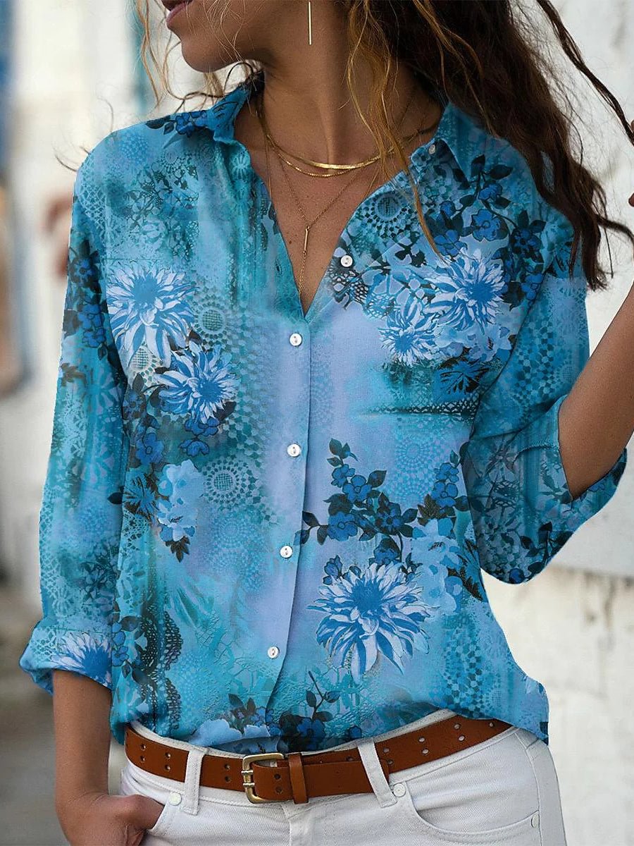 Women Long Sleeve Shirt Collar Floral Printed Graphic Button Top