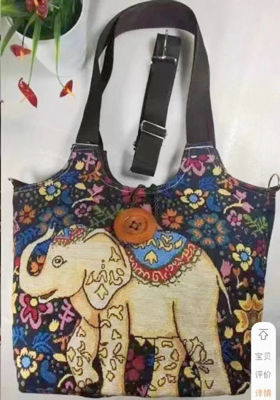 Women’s Large Canvas Elephant Ethnic Style Square Zipper Shoulder Bag