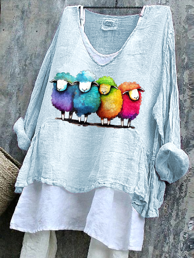 Comstylish Colorful Watercolor Sheep Print Linen Blend Casual Shirt