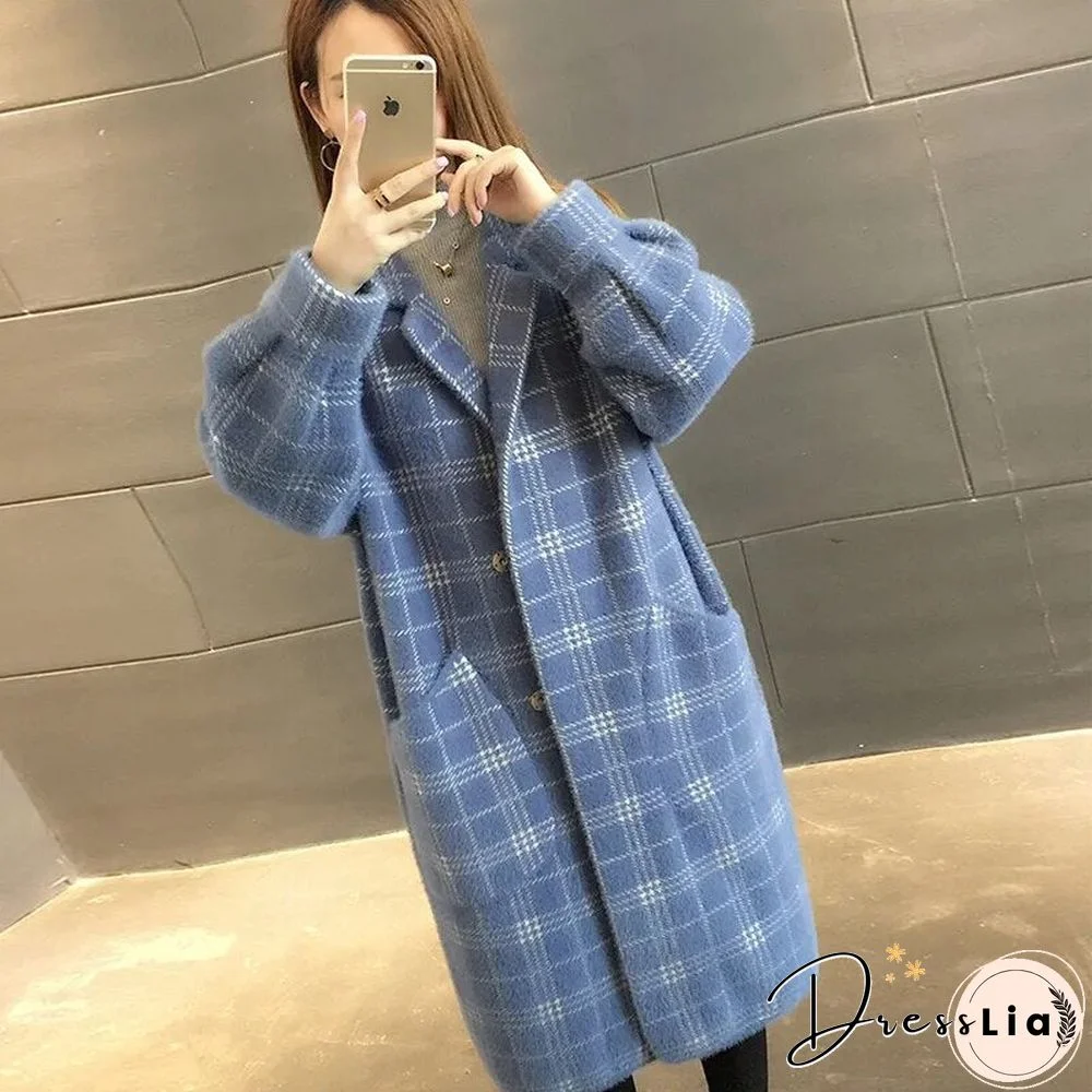 Elegant Plaid Woolen Jacket Women Korean Fashion Big Pocket Long Wool Coat Autumn Winter Warm Soft Covered Button Outwear