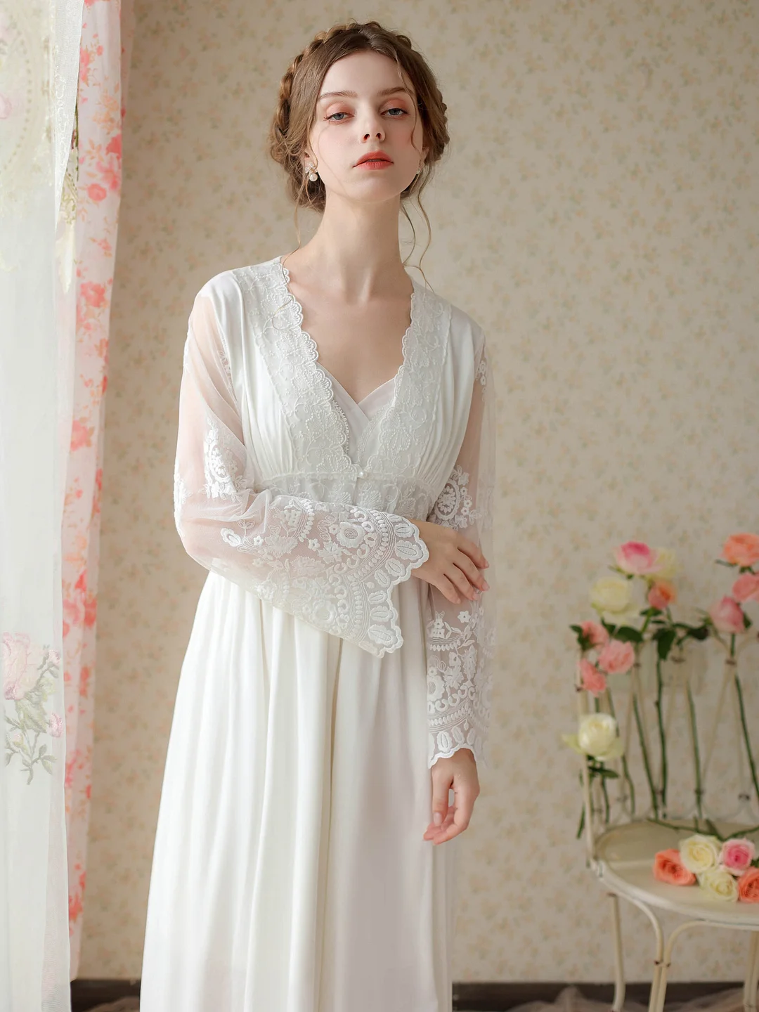Sweet Vintage Court Princess V-neck Long Sleeves Two-piece Slip Dress & Robe Set