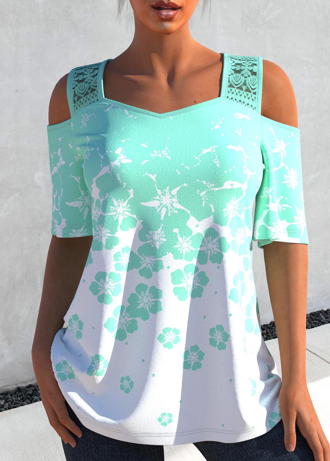 Lace Stitching Floral Print Ombre Cyan T Shirt
