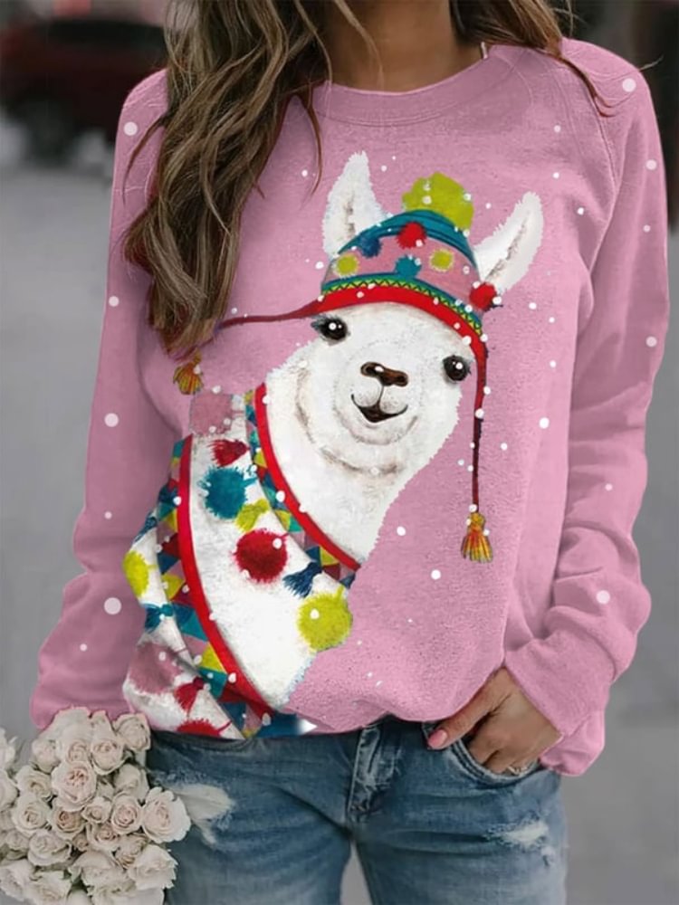 BrosWear Funny Christmas Alpaca Print Casual Sweatshirt