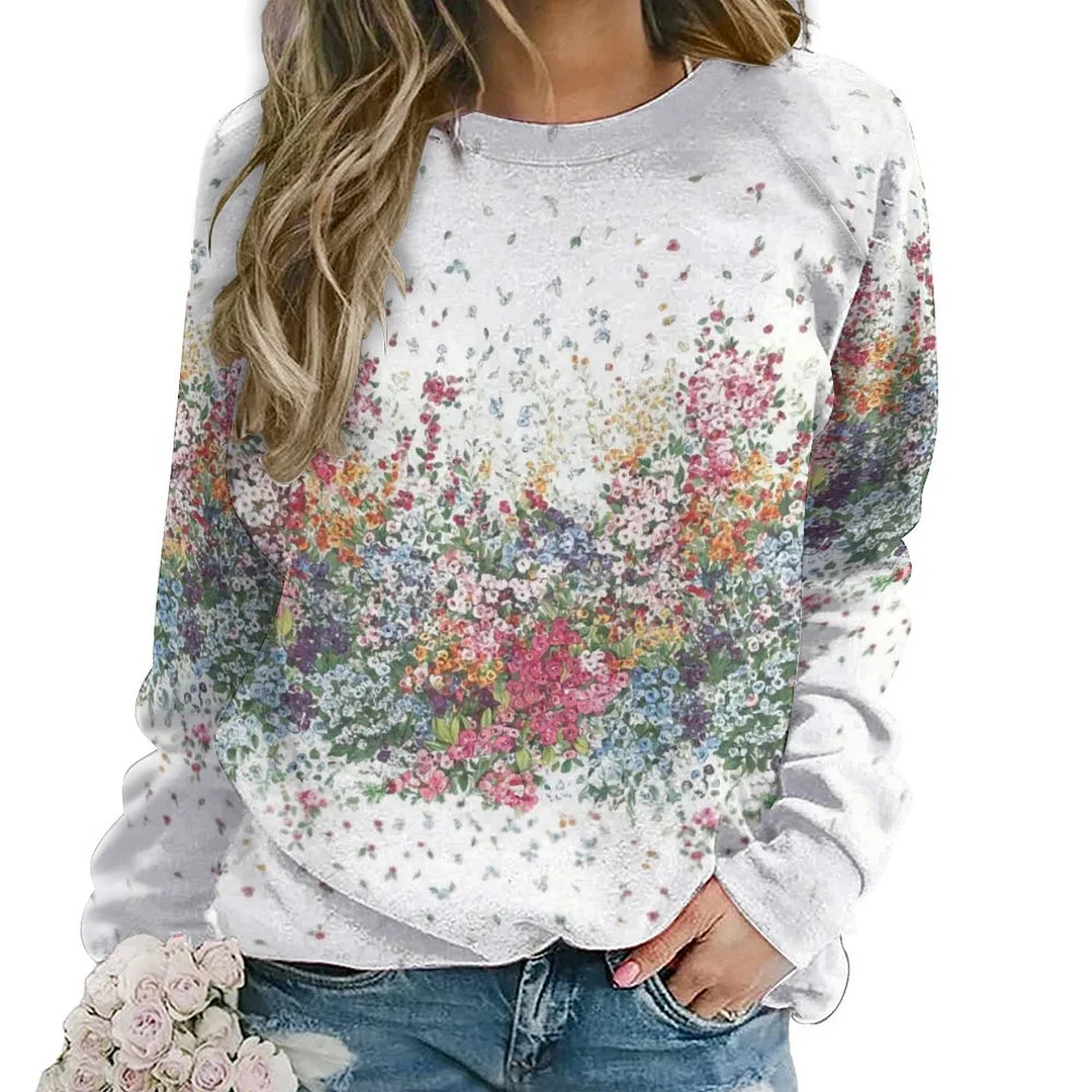 Printed Long Sleeve Casual Sweatshirt for  Women and Men Unisex Pattern Floral, Green, Red