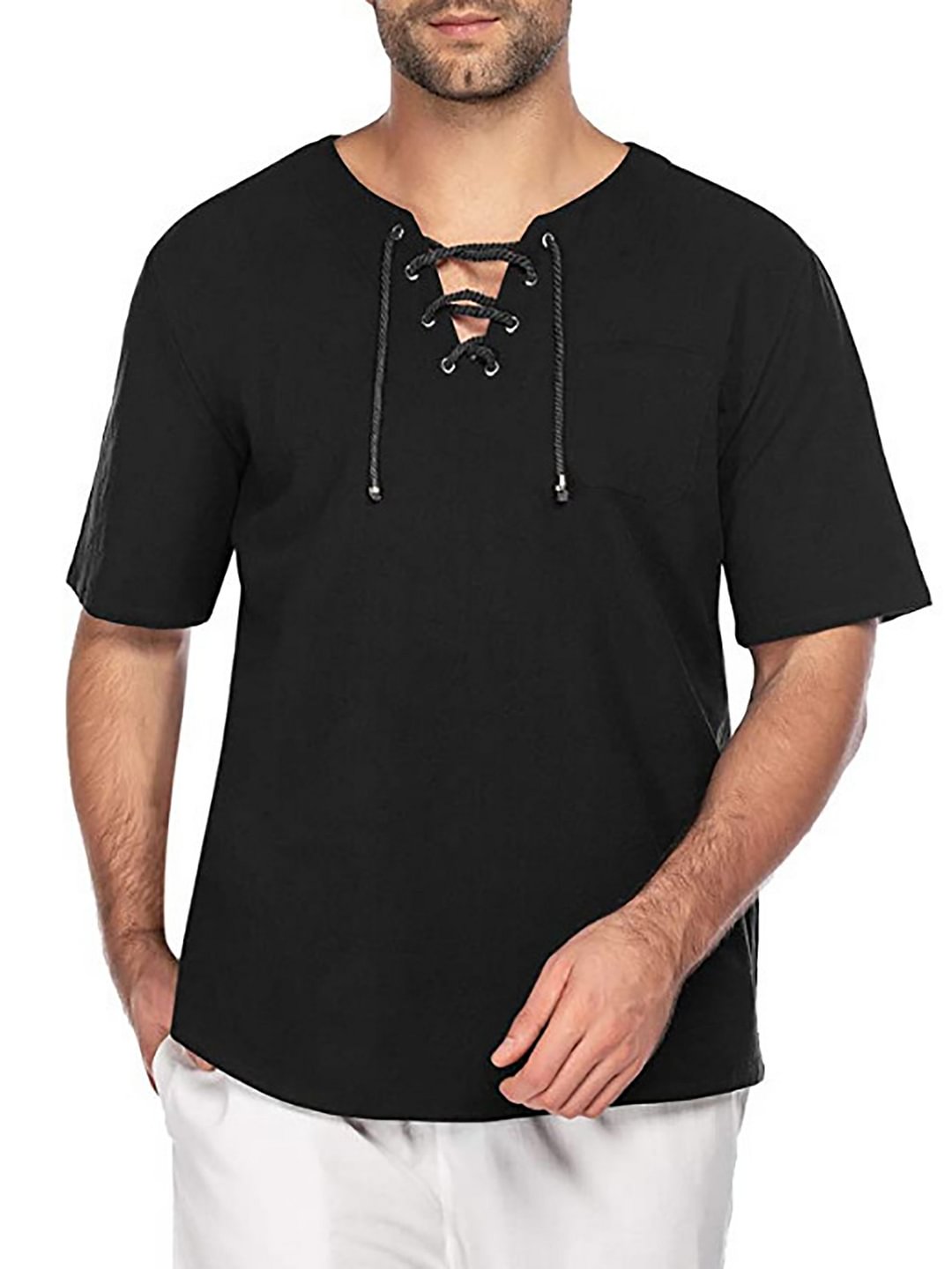 Men's Casual Short Sleeves Lace Up Tie Collar Shirt