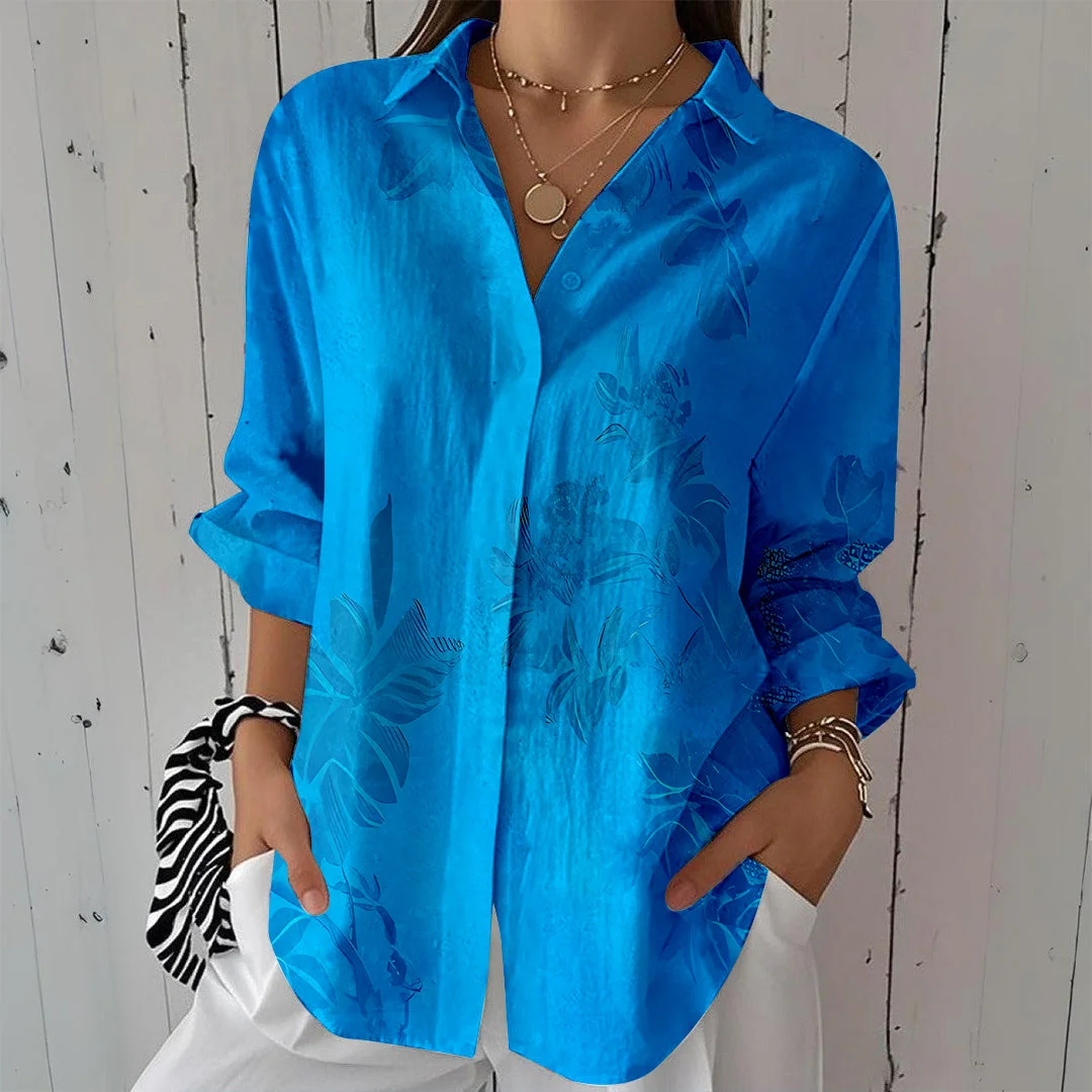 Style & Comfort for Mature Women Women Floral, Blue DZCL0448 3/4 Sleeve Shirt Collar Printed Button Tops